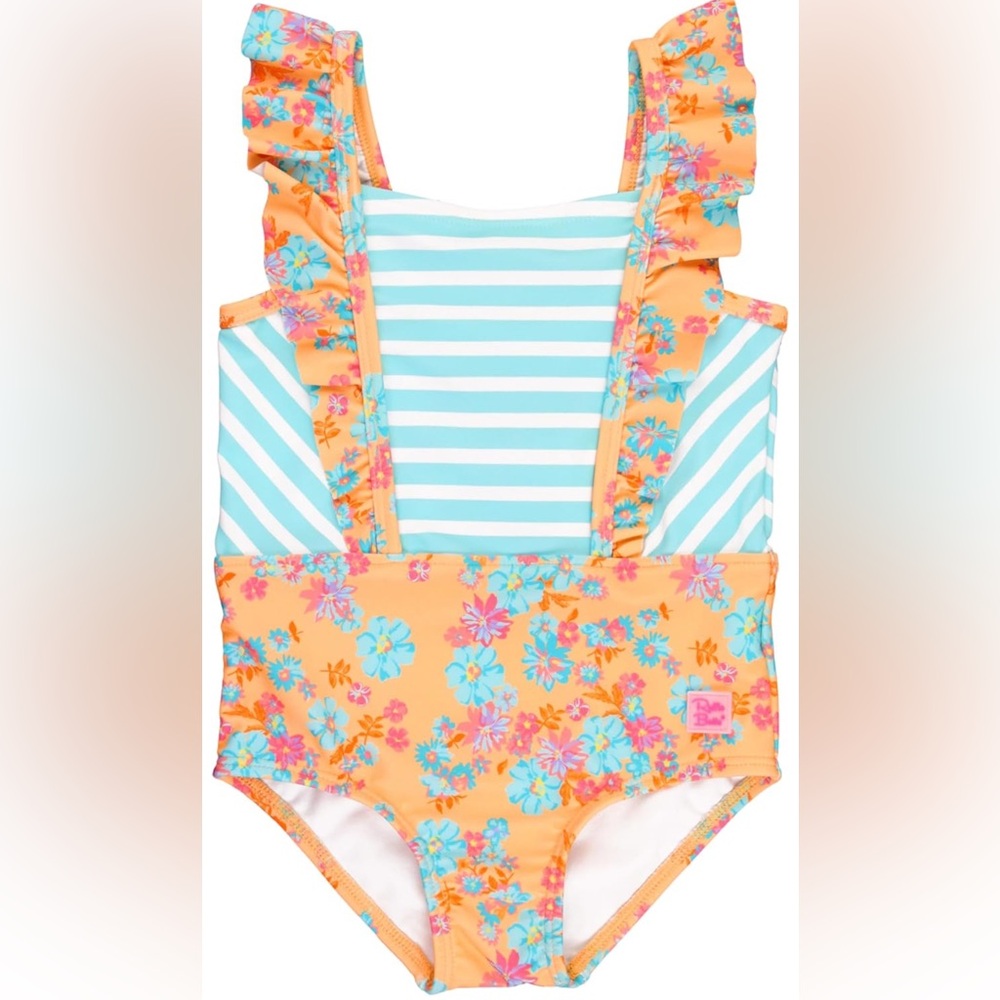 Ruffle Butts Orange Floral Striped Swimsuit